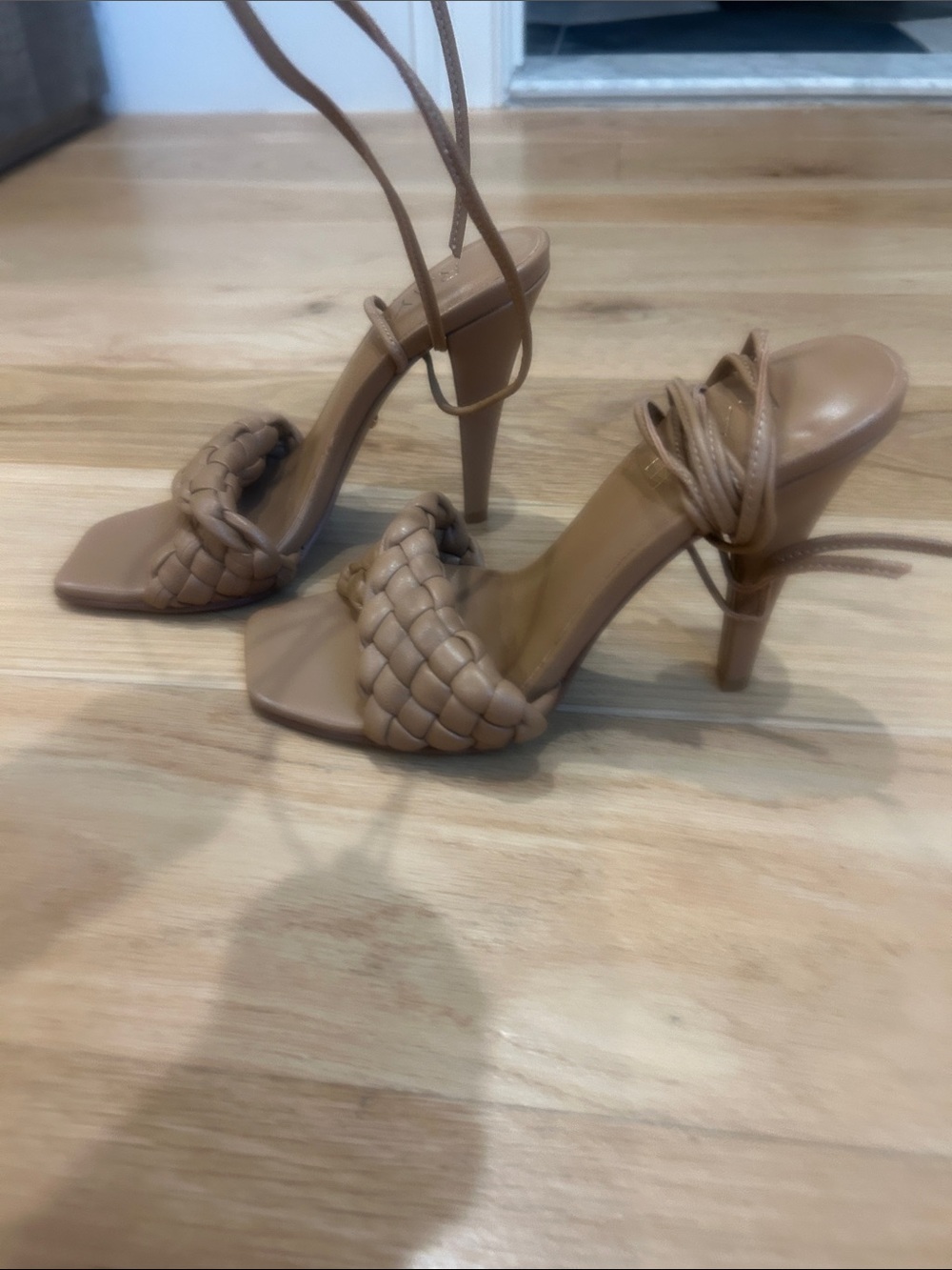 Raye Braided Strap Tan High-Heel Tie up Sandals